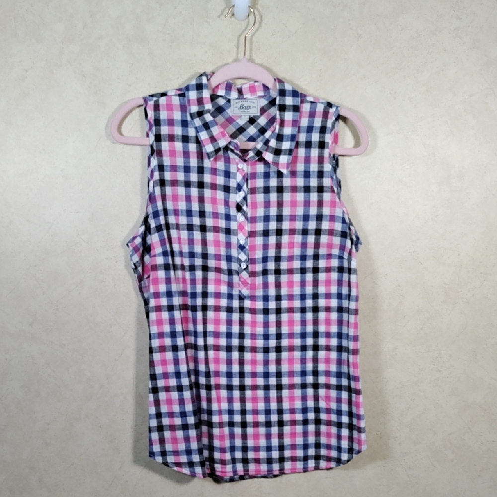 Bass & Co. Pink Navy White Plaid Sleeveless Button Front Blouse
 (Bin 14)